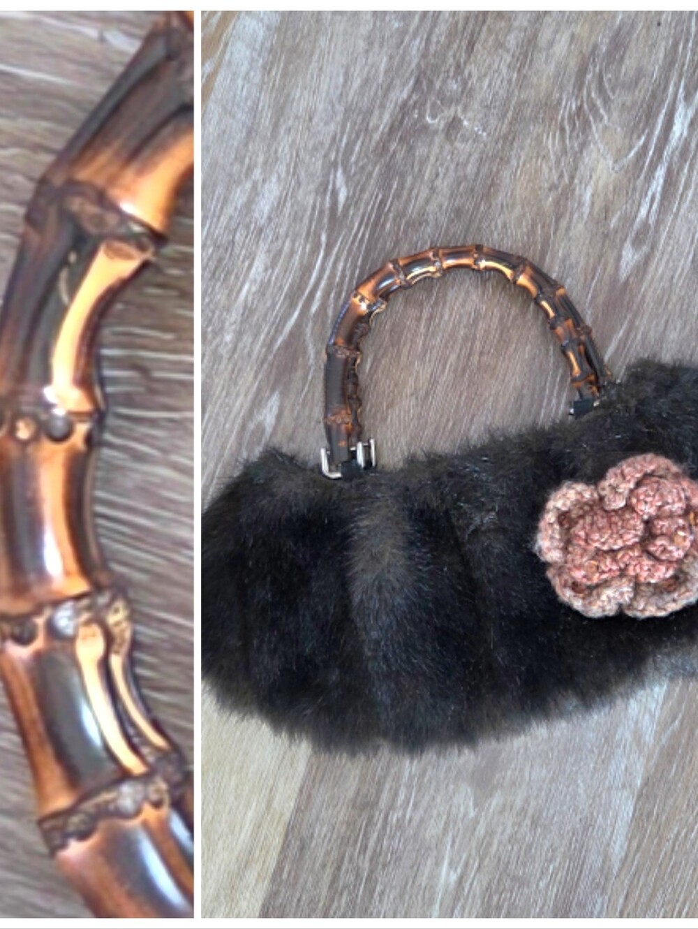 Faux Fur Handbag with Bamboo Handle Crochet Flower Vintage Inspired Coquette